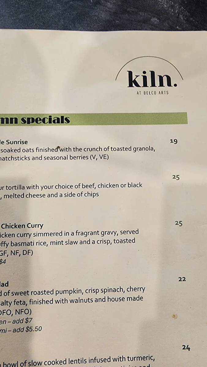 Menu, Kiln at Belco Arts