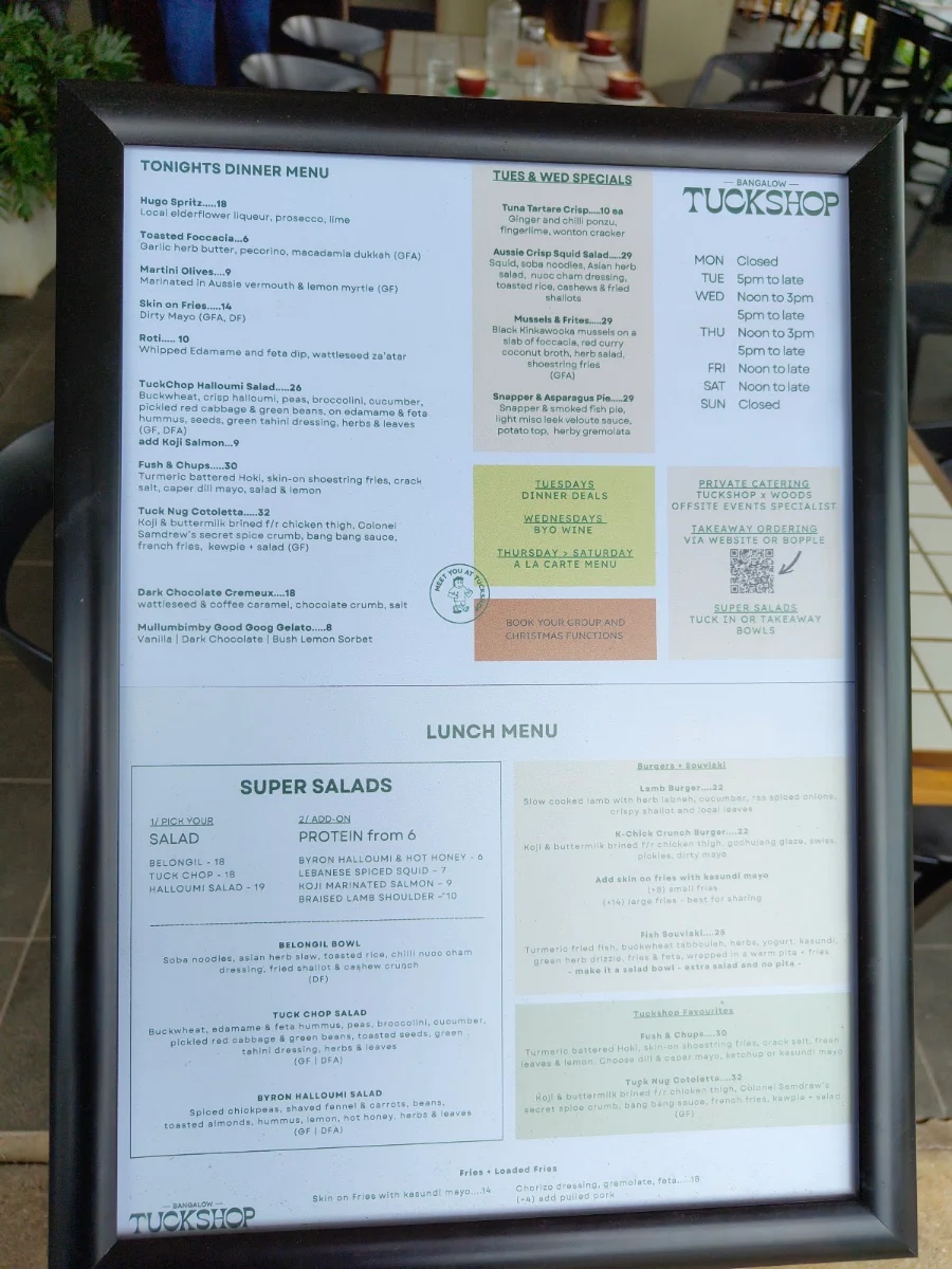 Menu, Bangalow Tuckshop