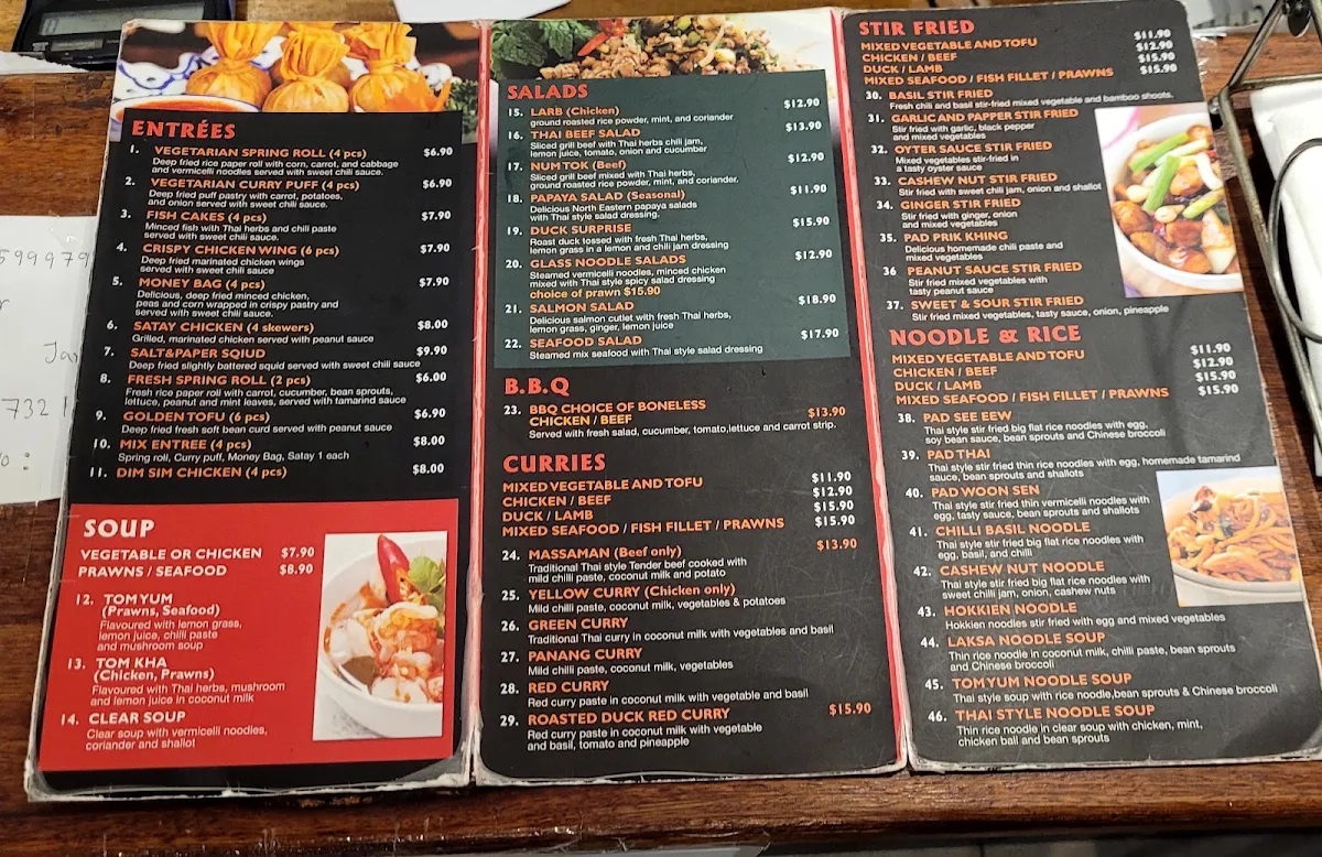 Menu, SR Thai Restaurant