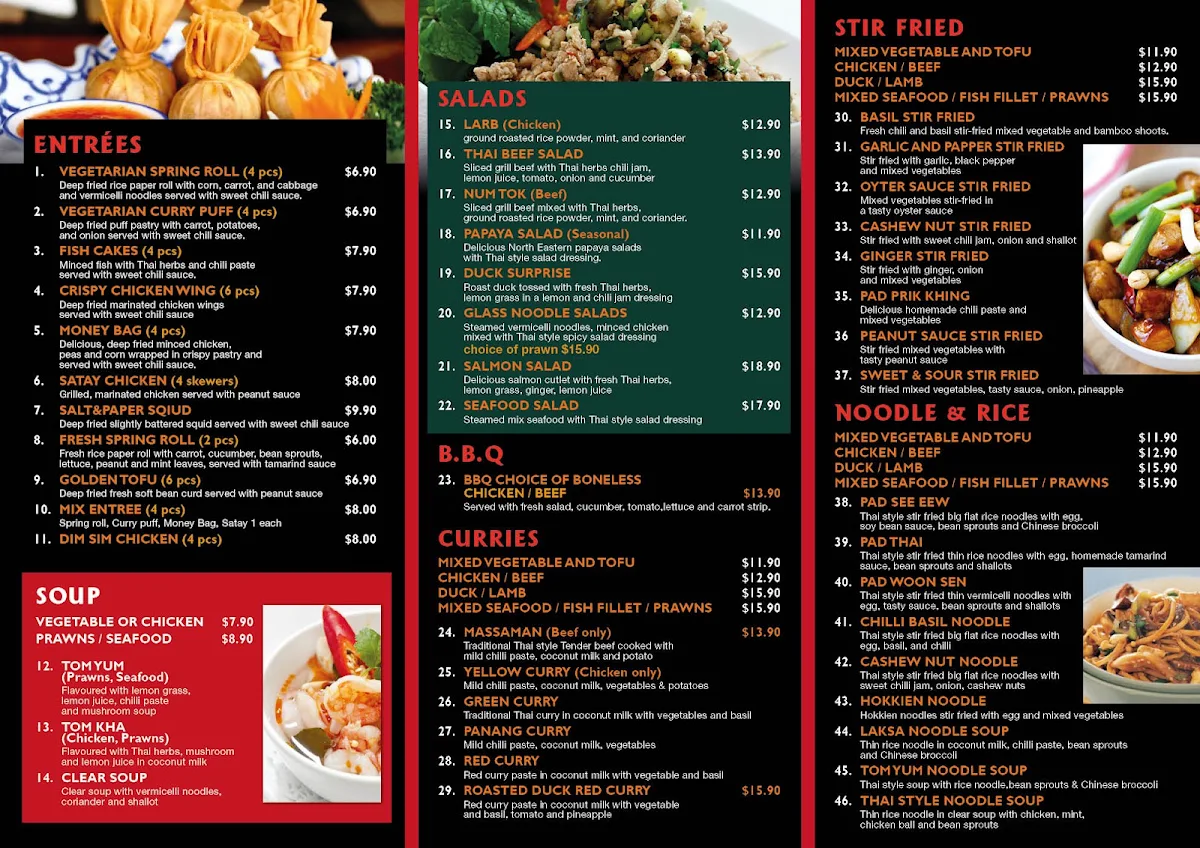 Menu, SR Thai Restaurant