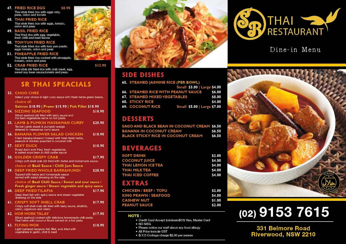 Menu, SR Thai Restaurant