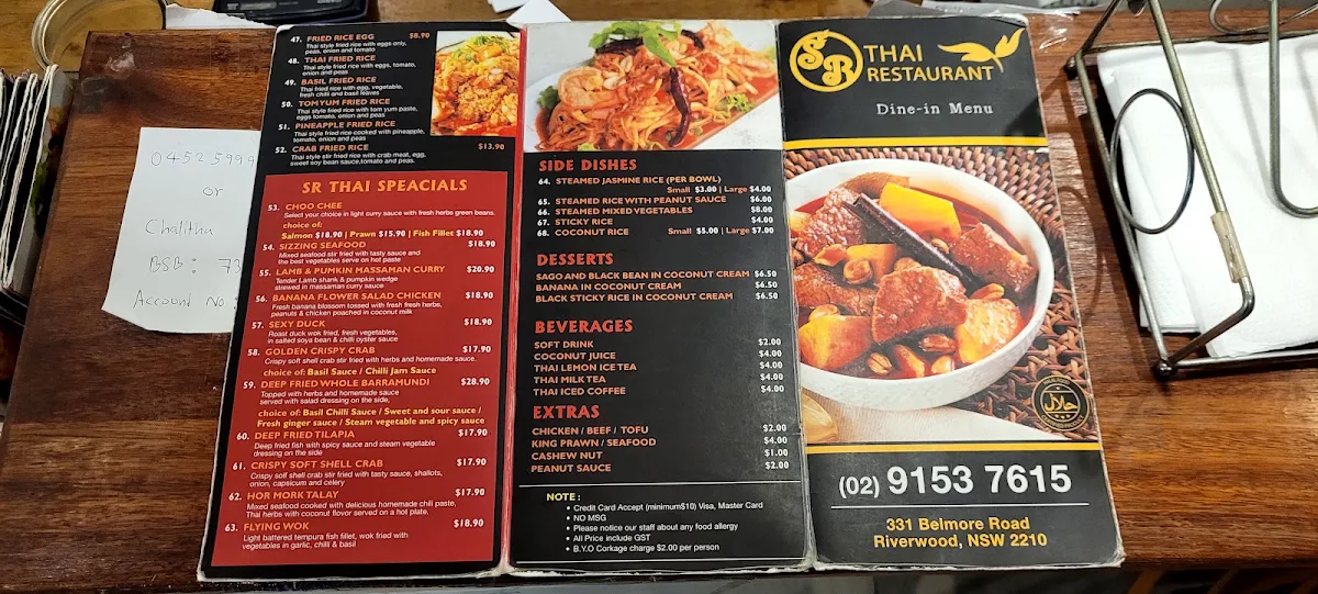 Menu, SR Thai Restaurant