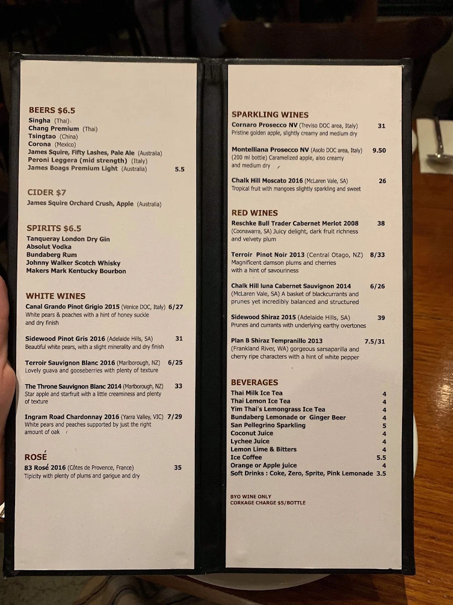 Menu, Yim Thai Yeronga