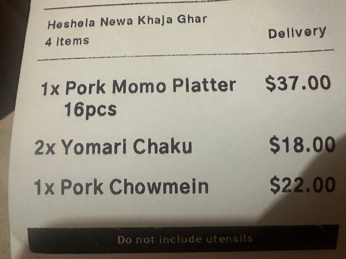 Menu, Heshela Newa Khaja Ghar Rockdale