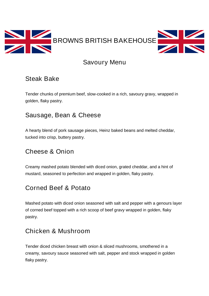 Menu, Browns British Bakehouse