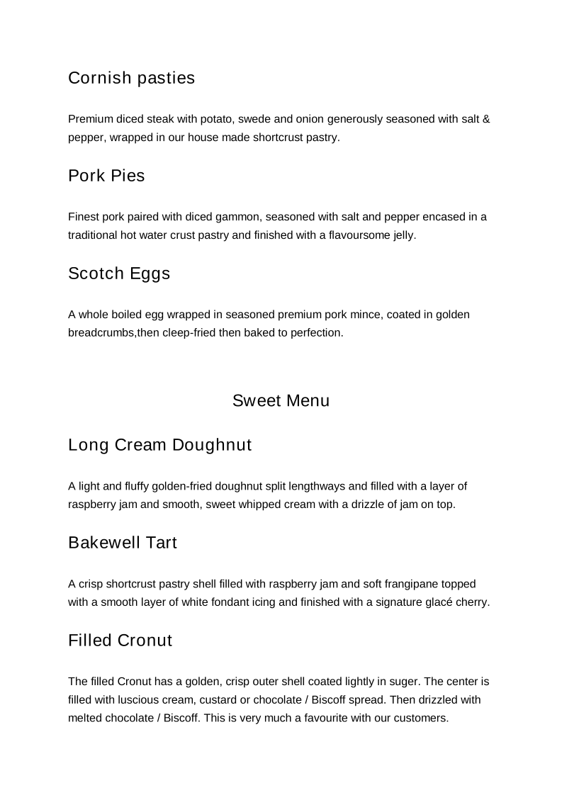Menu, Browns British Bakehouse