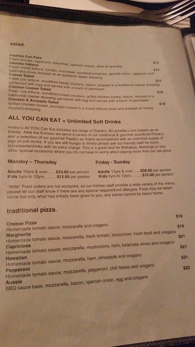 Menu, Antico Woodfired Pizza