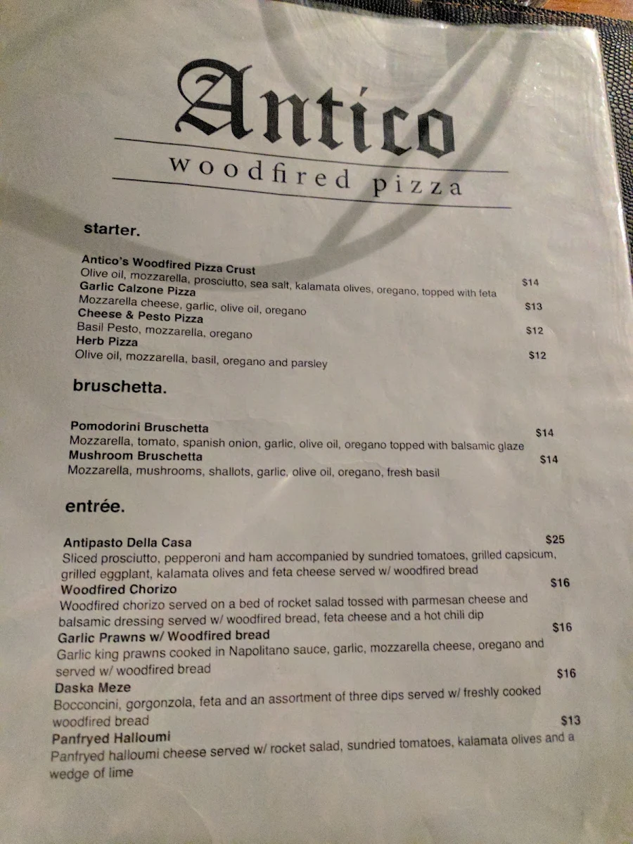Menu, Antico Woodfired Pizza