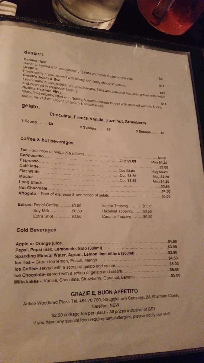 Menu, Antico Woodfired Pizza