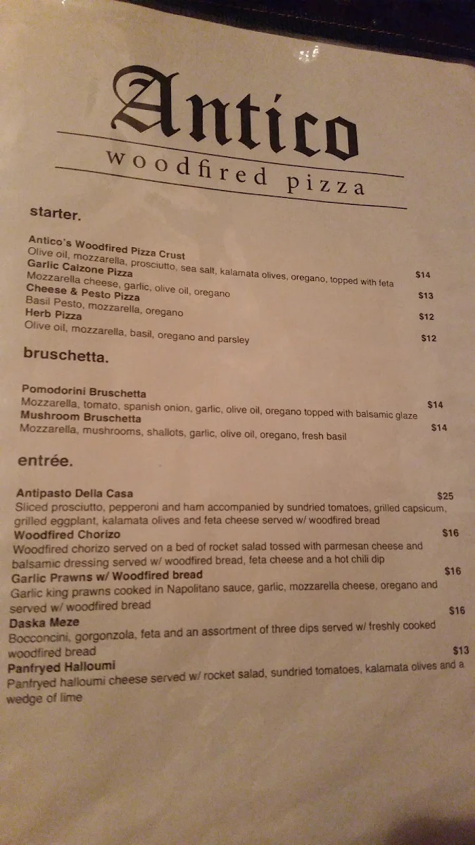 Menu, Antico Woodfired Pizza