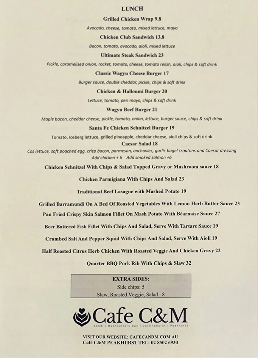 Menu, Cafe C&M （Peakhurst）