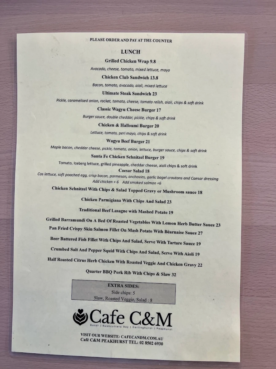 Menu, Cafe C&M （Peakhurst）