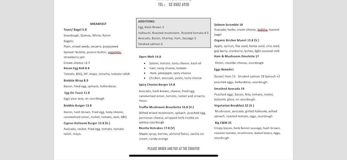 Menu, Cafe C&M （Peakhurst）
