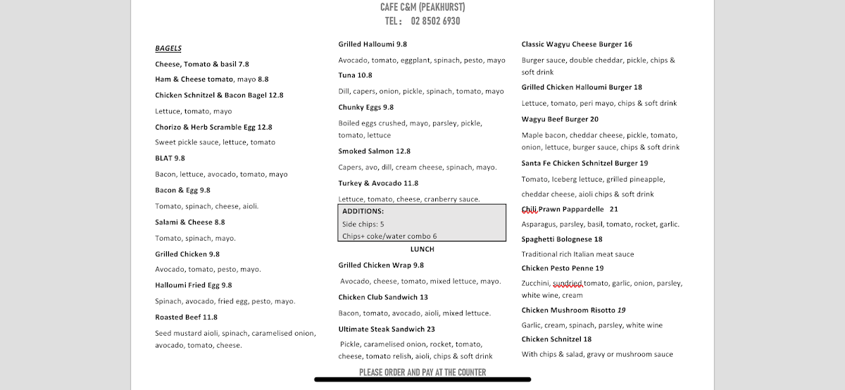 Menu, Cafe C&M （Peakhurst）