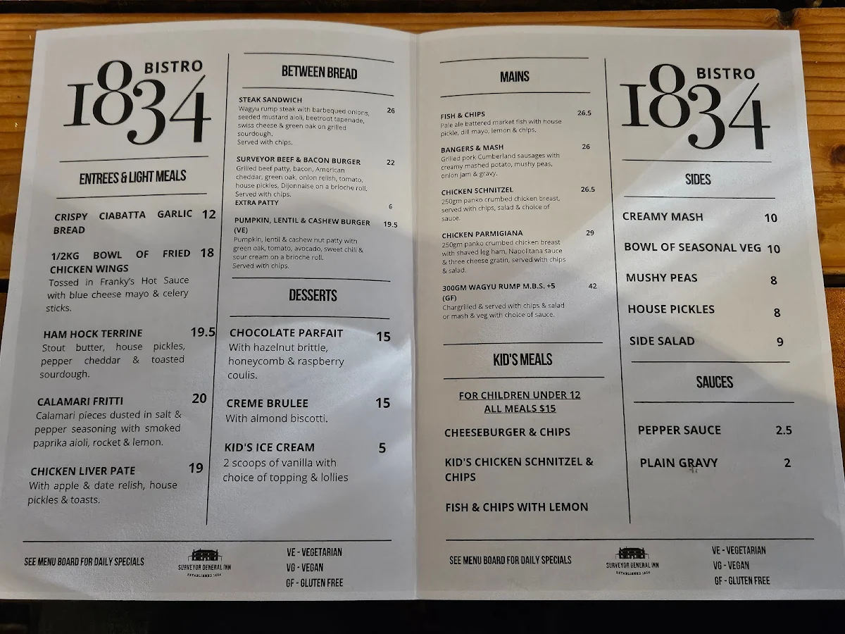 Menu, Bistro 1834