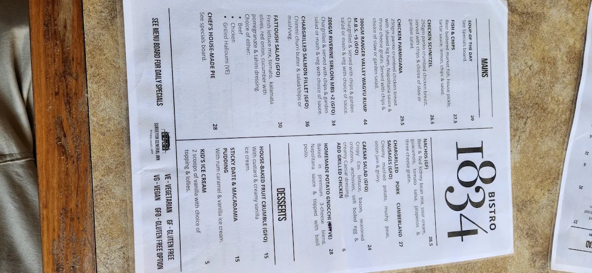 Menu, Bistro 1834