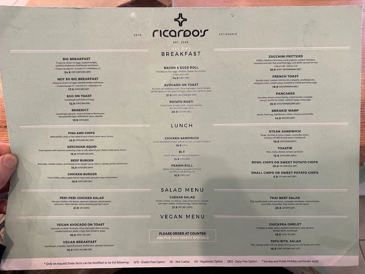 Menu, Ricardo's Cafe