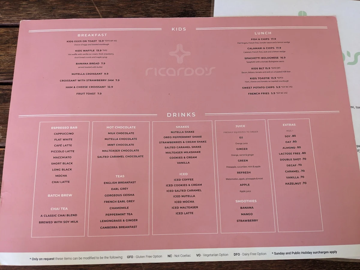 Menu, Ricardo's Cafe