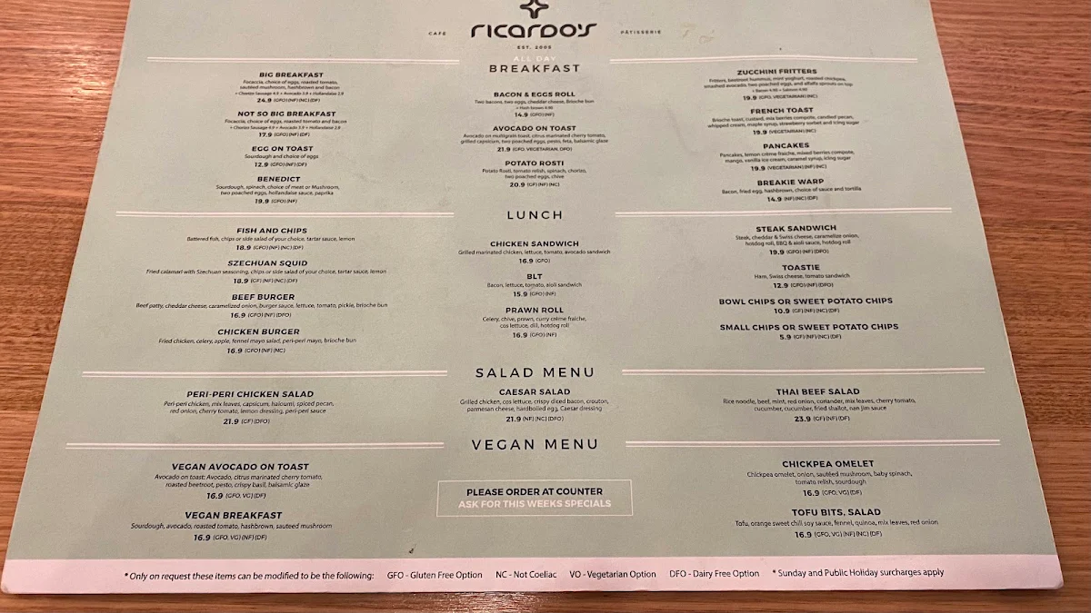 Menu, Ricardo's Cafe