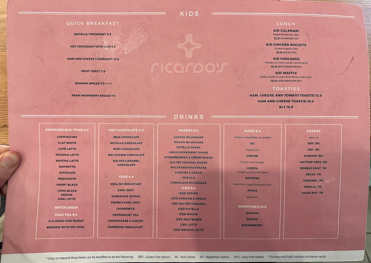 Menu, Ricardo's Cafe