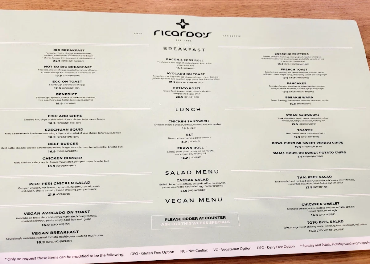 Menu, Ricardo's Cafe
