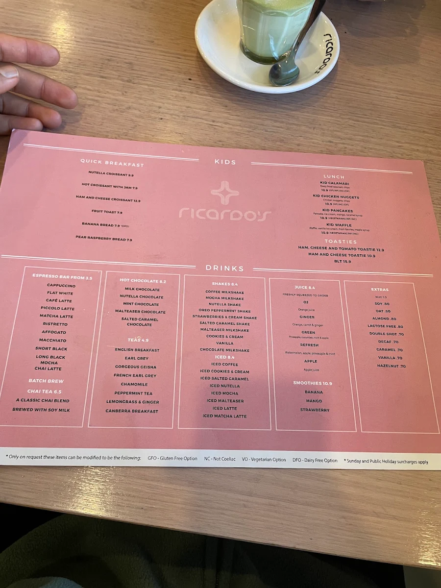 Menu, Ricardo's Cafe