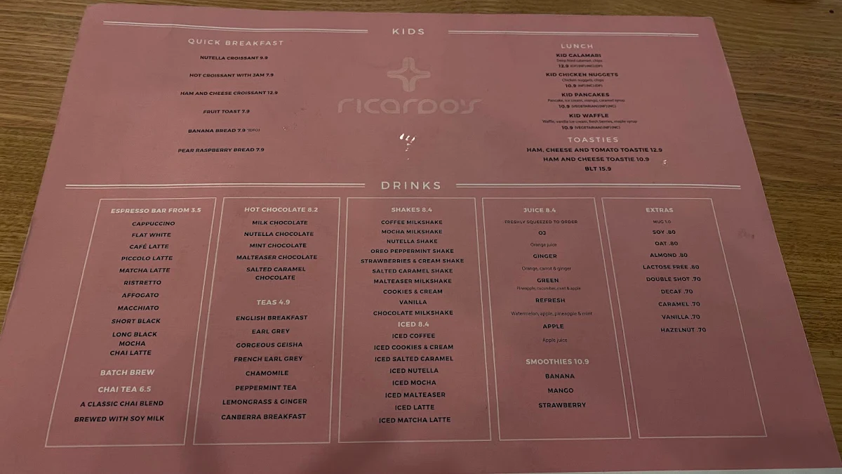 Menu, Ricardo's Cafe