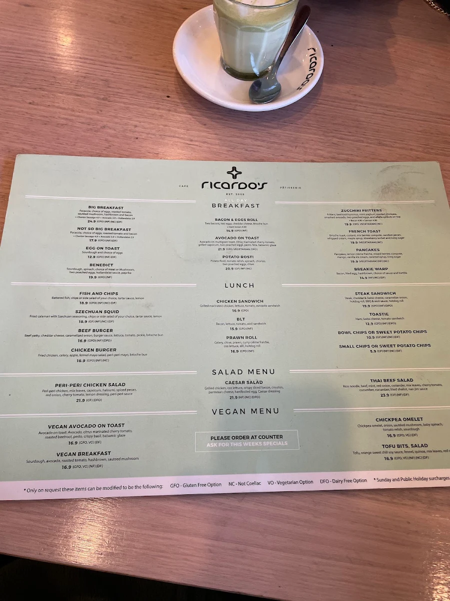 Menu, Ricardo's Cafe