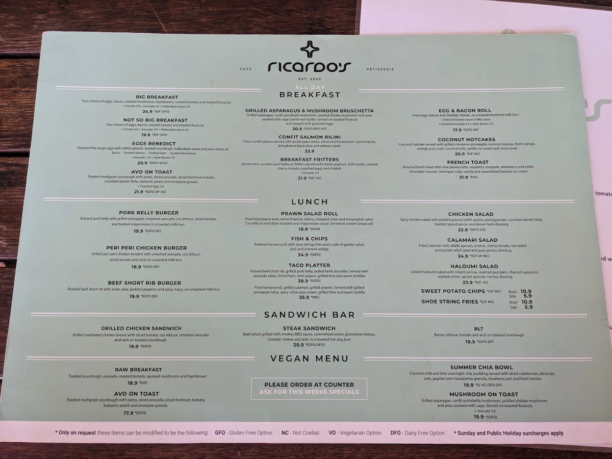 Menu, Ricardo's Cafe