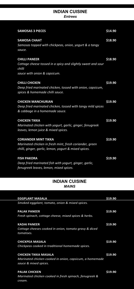 Menu, La Montagna Cafe