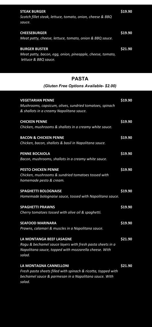 Menu, La Montagna Cafe