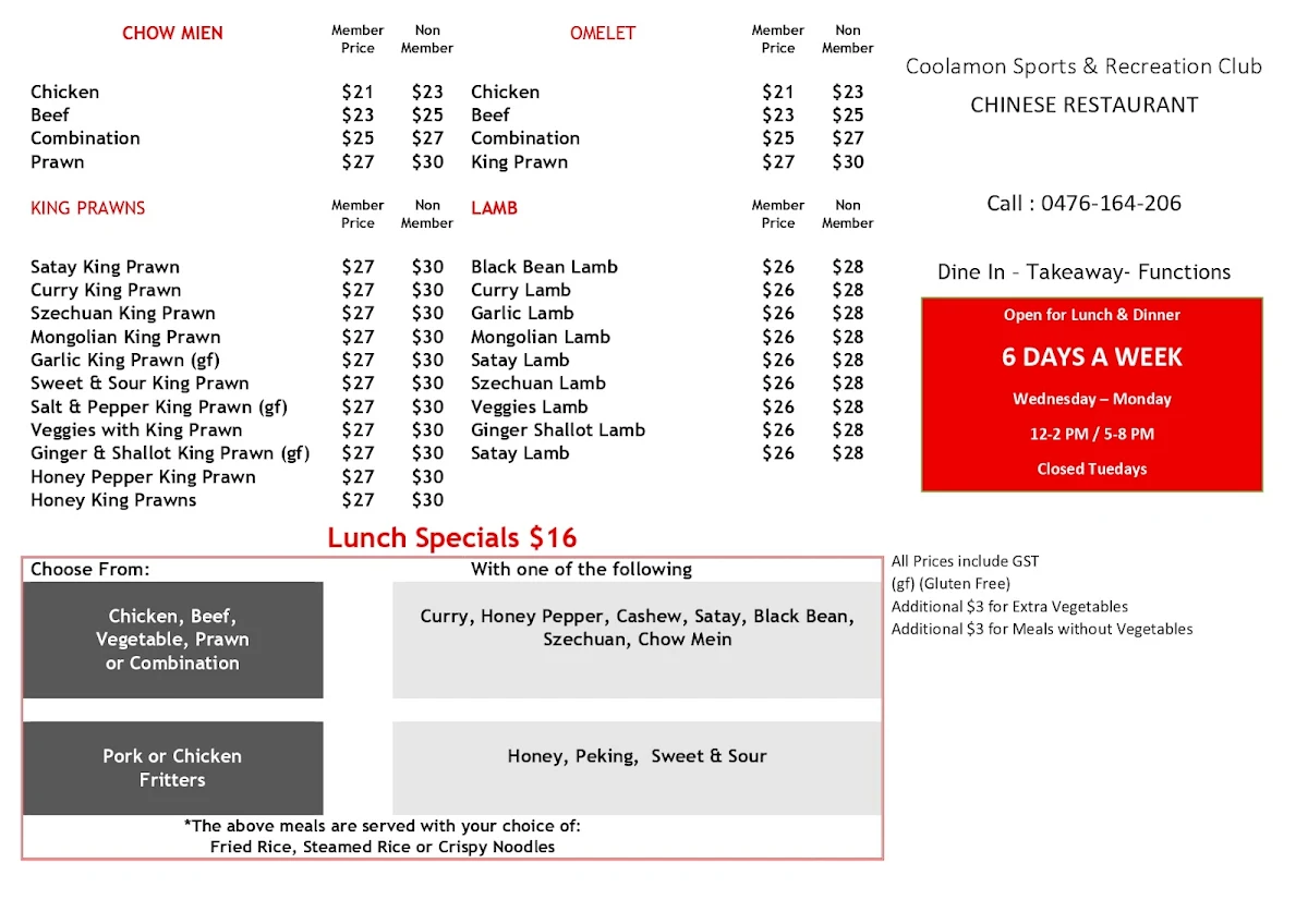 Menu, Coolamon Chinese Restaurant
