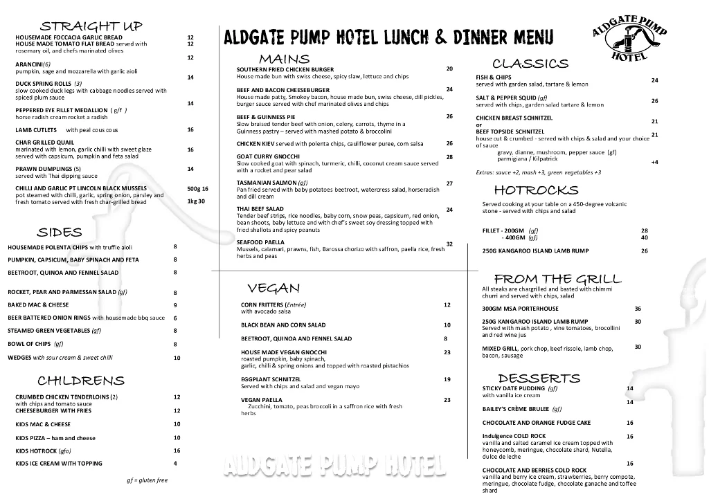 Menu, Aldgate Pump Hotel