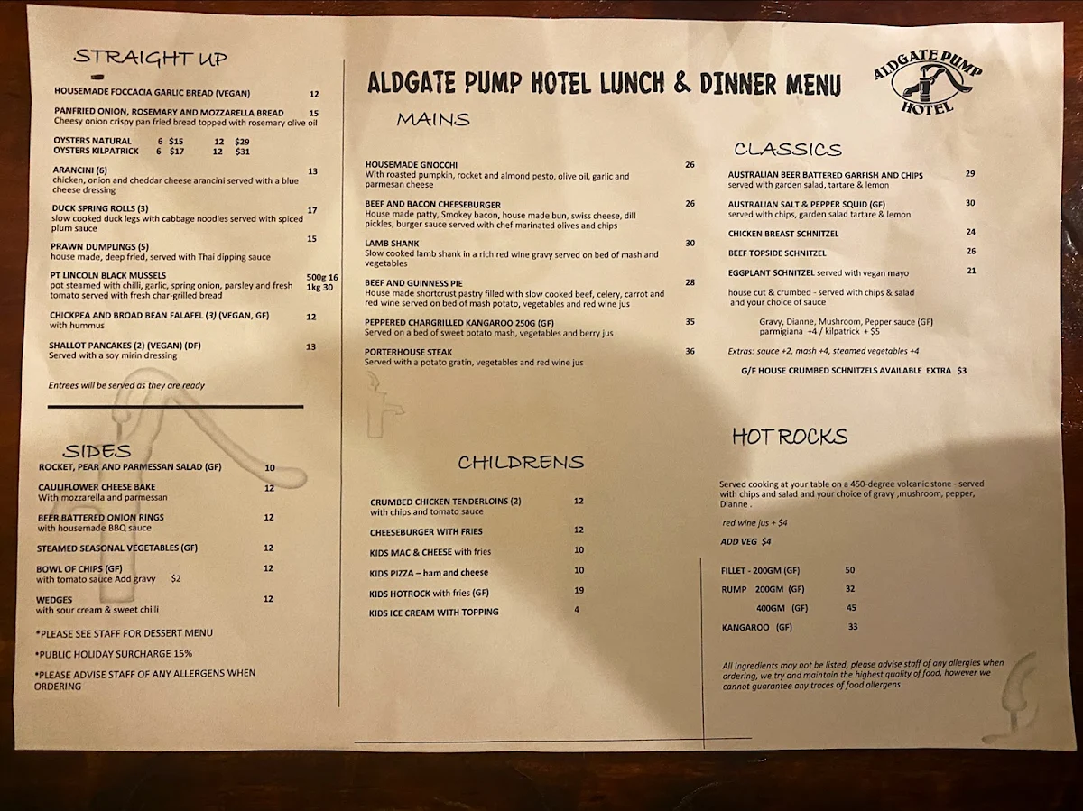 Menu, Aldgate Pump Hotel
