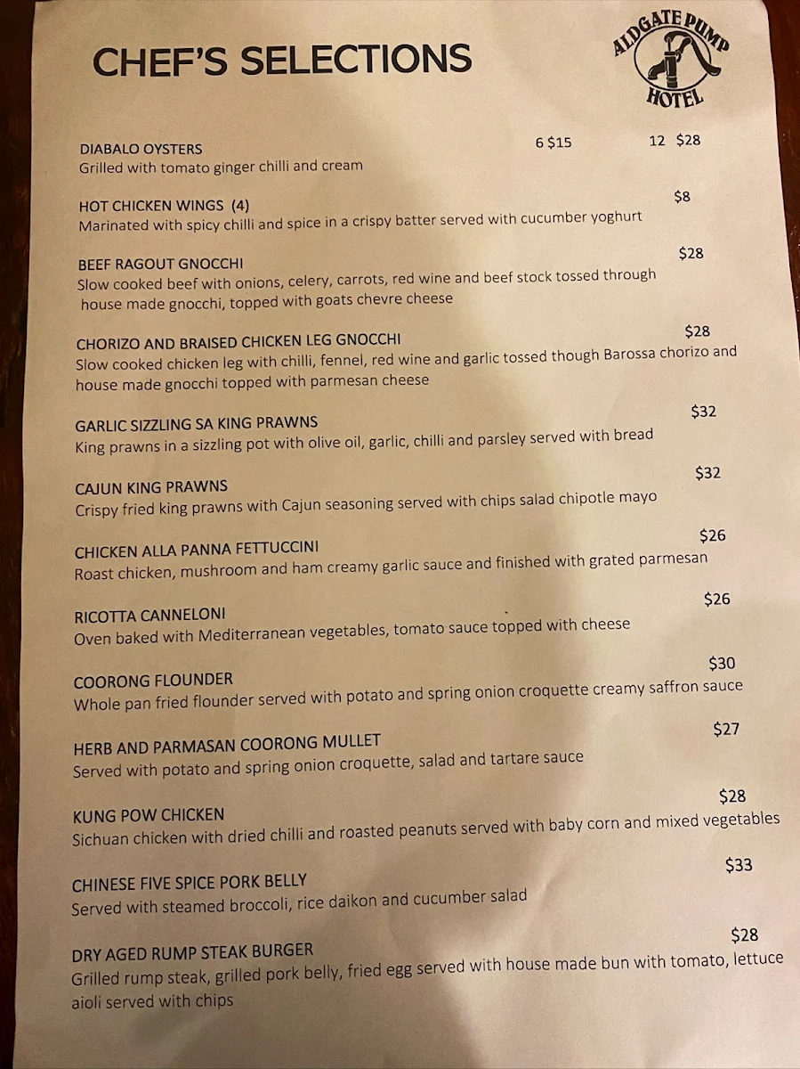 Menu, Aldgate Pump Hotel