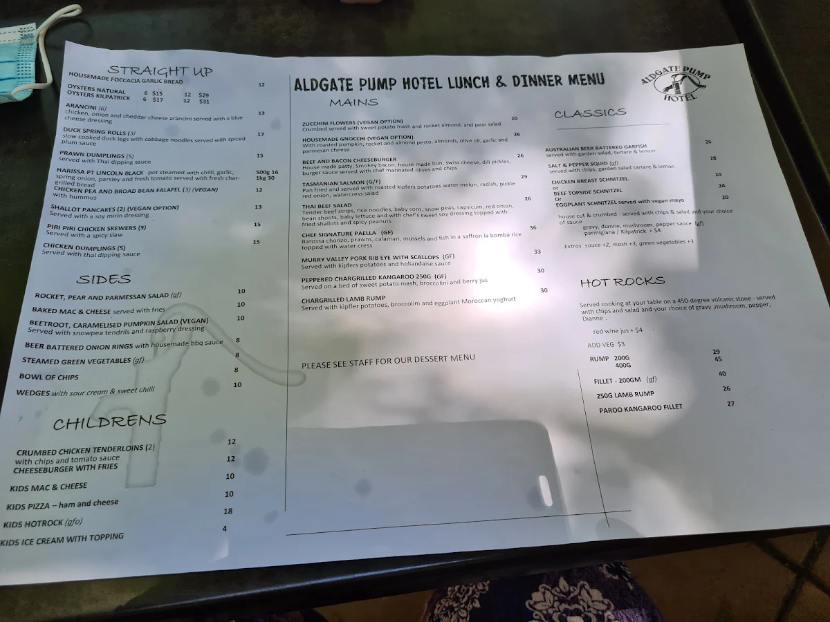 Menu, Aldgate Pump Hotel