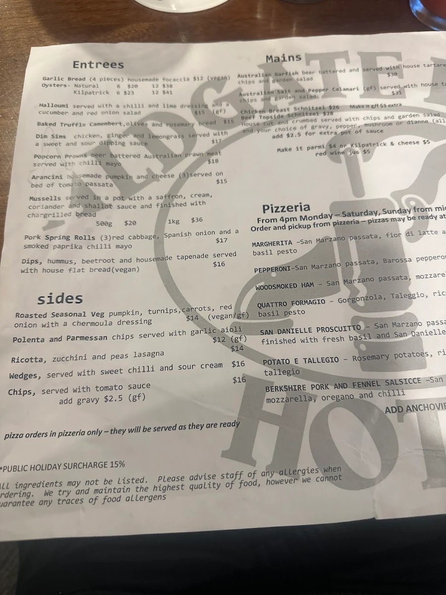 Menu, Aldgate Pump Hotel