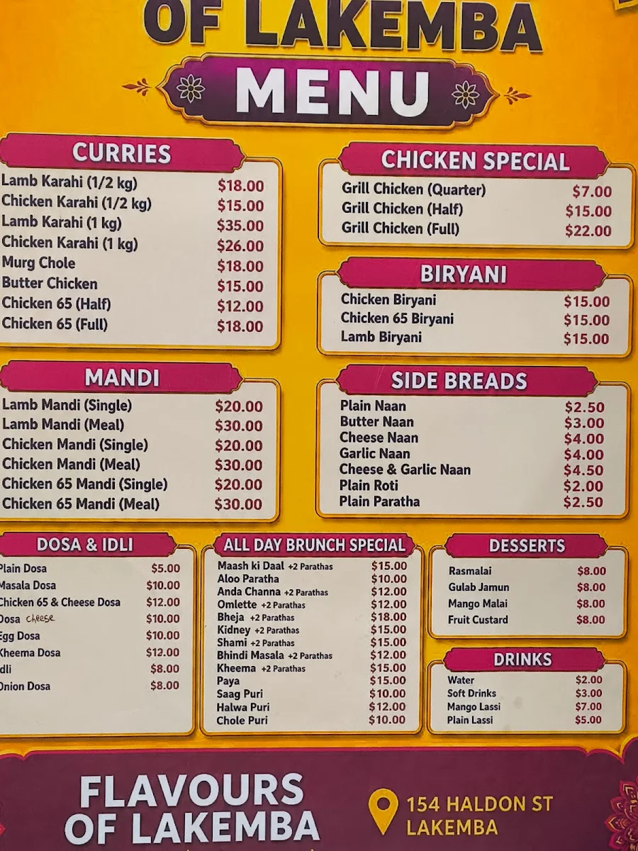 Menu, Flavours of lakemba (Indo-Pak Cuisine)