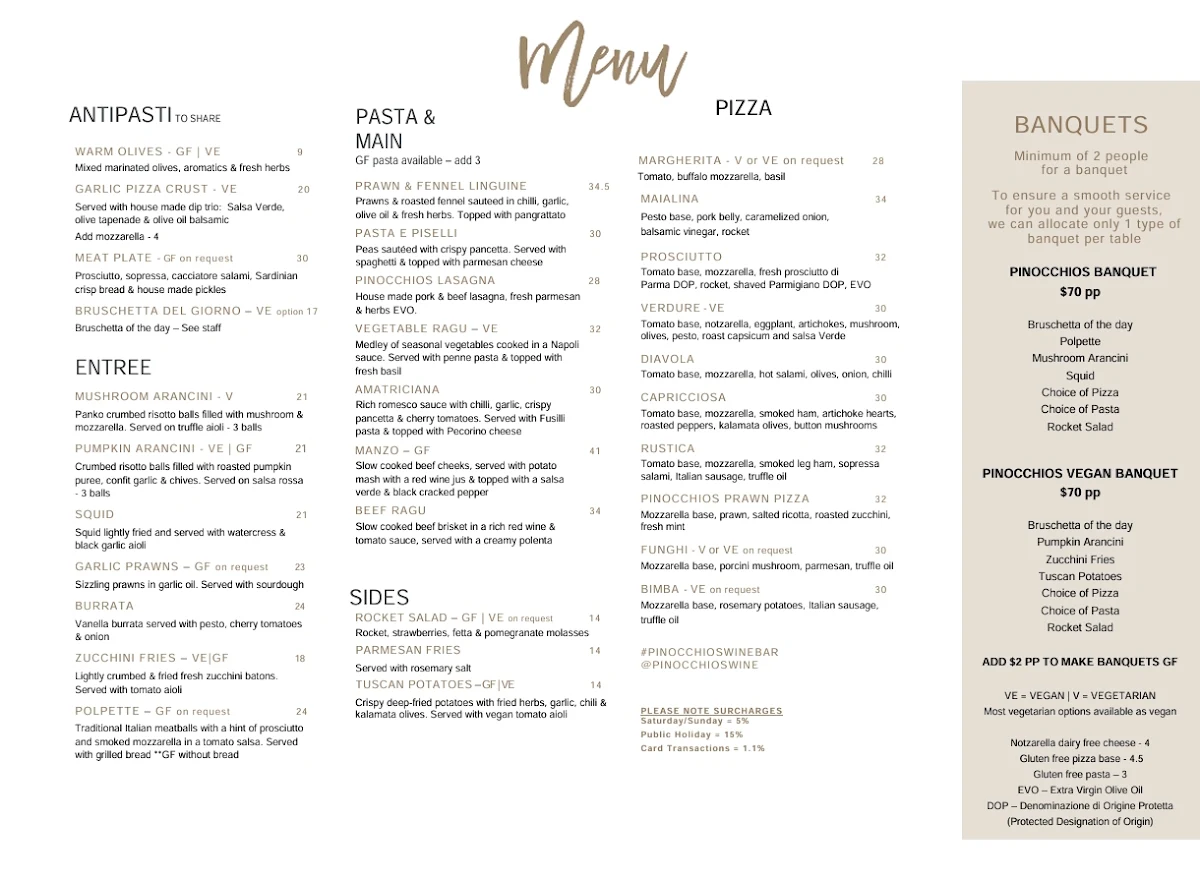 Menu, Pinocchios Wine & Pizza Bar
