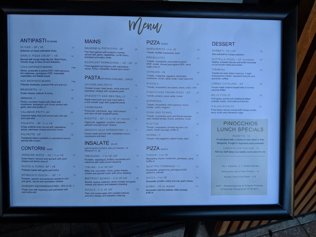 Menu, Pinocchios Wine & Pizza Bar