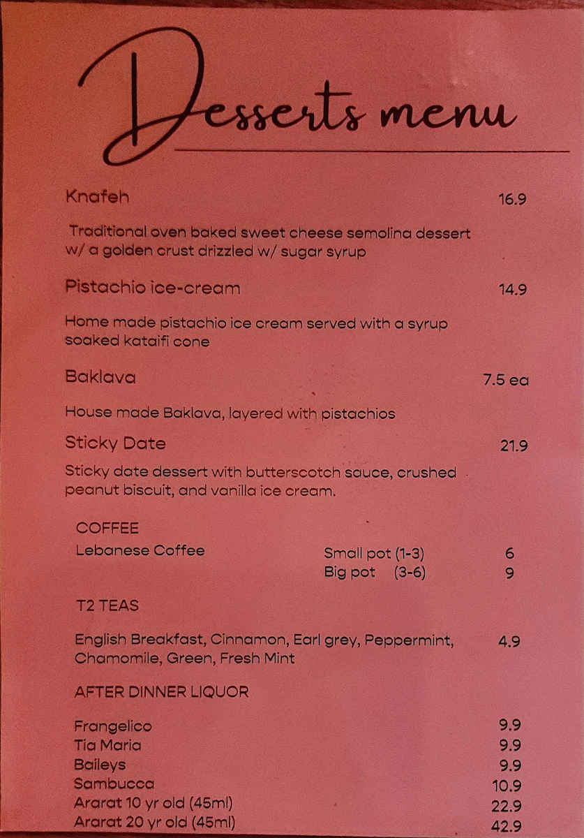 Menu, Teta's Authentic Lebanese Restaurant