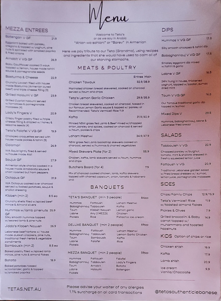 Menu, Teta's Authentic Lebanese Restaurant