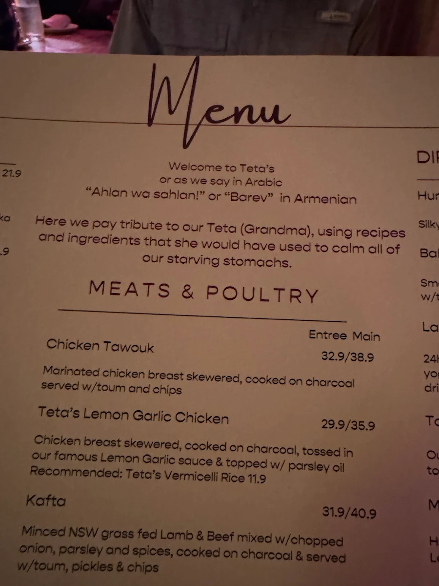 Menu, Teta's Authentic Lebanese Restaurant
