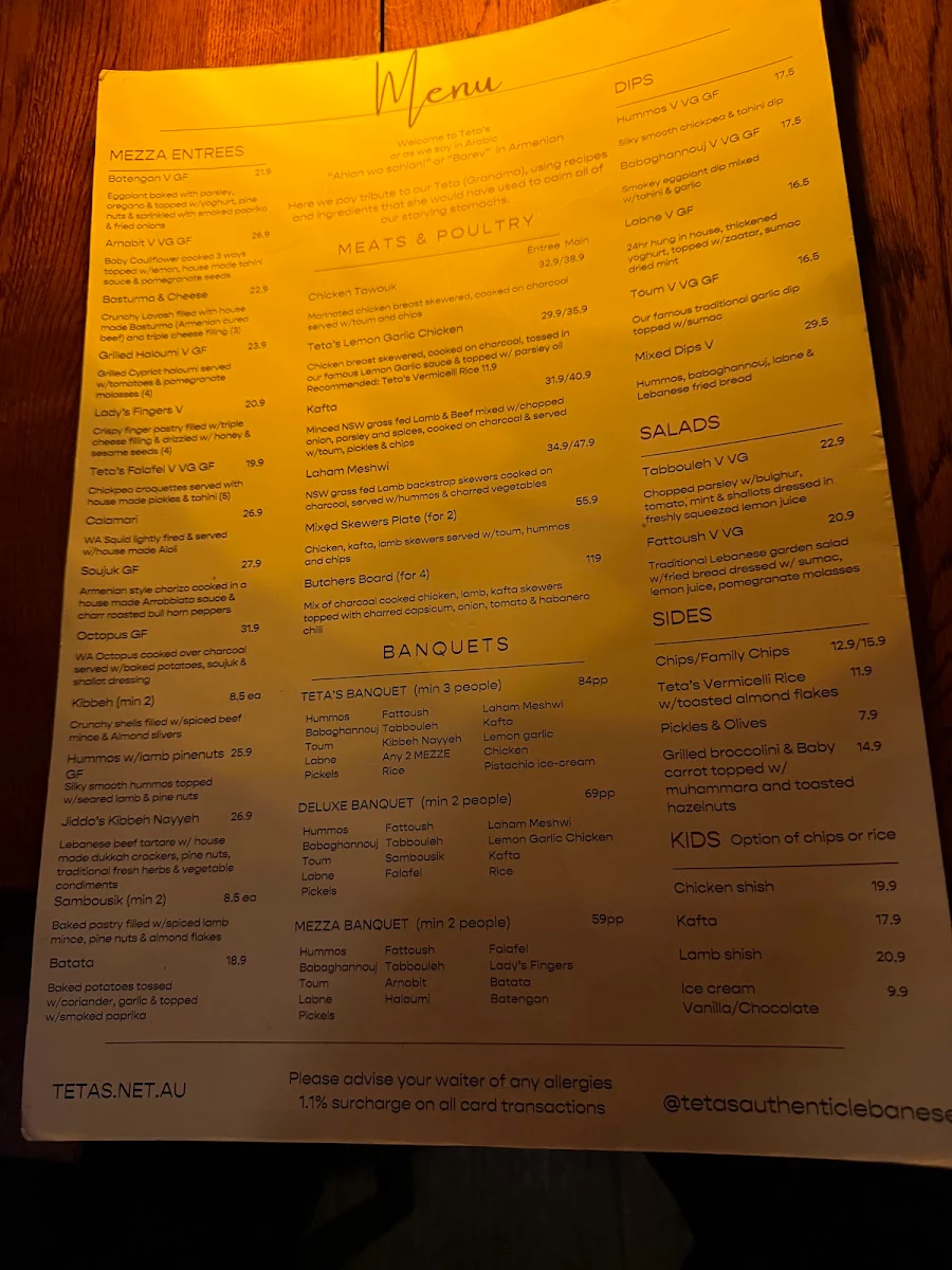 Menu, Teta's Authentic Lebanese Restaurant