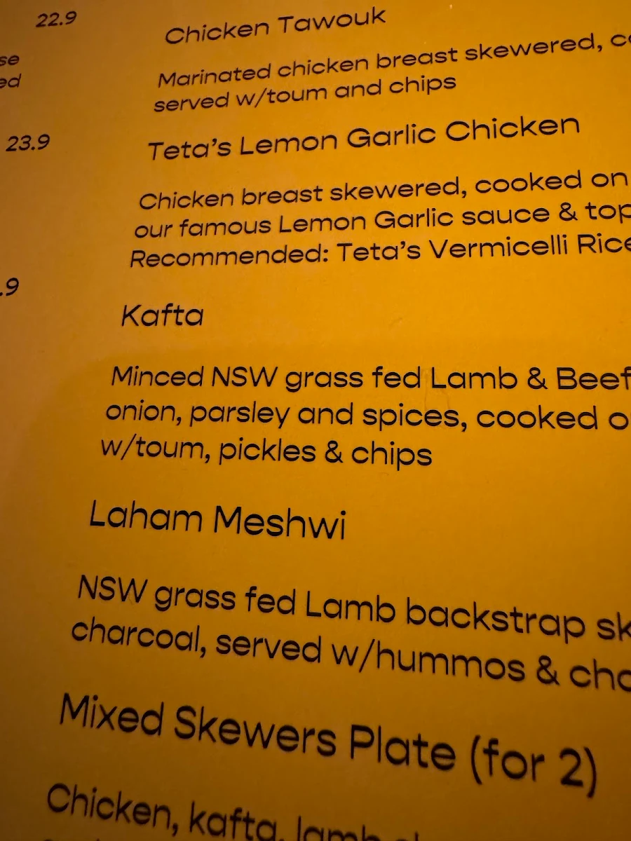 Menu, Teta's Authentic Lebanese Restaurant