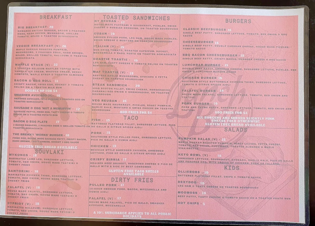 Menu, Lunch Bar Woy Woy
