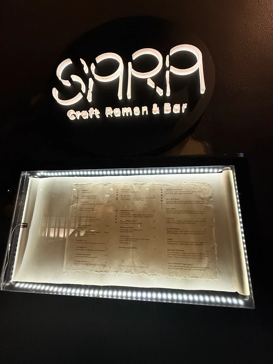 Menu, Sara Craft Ramen & Bar