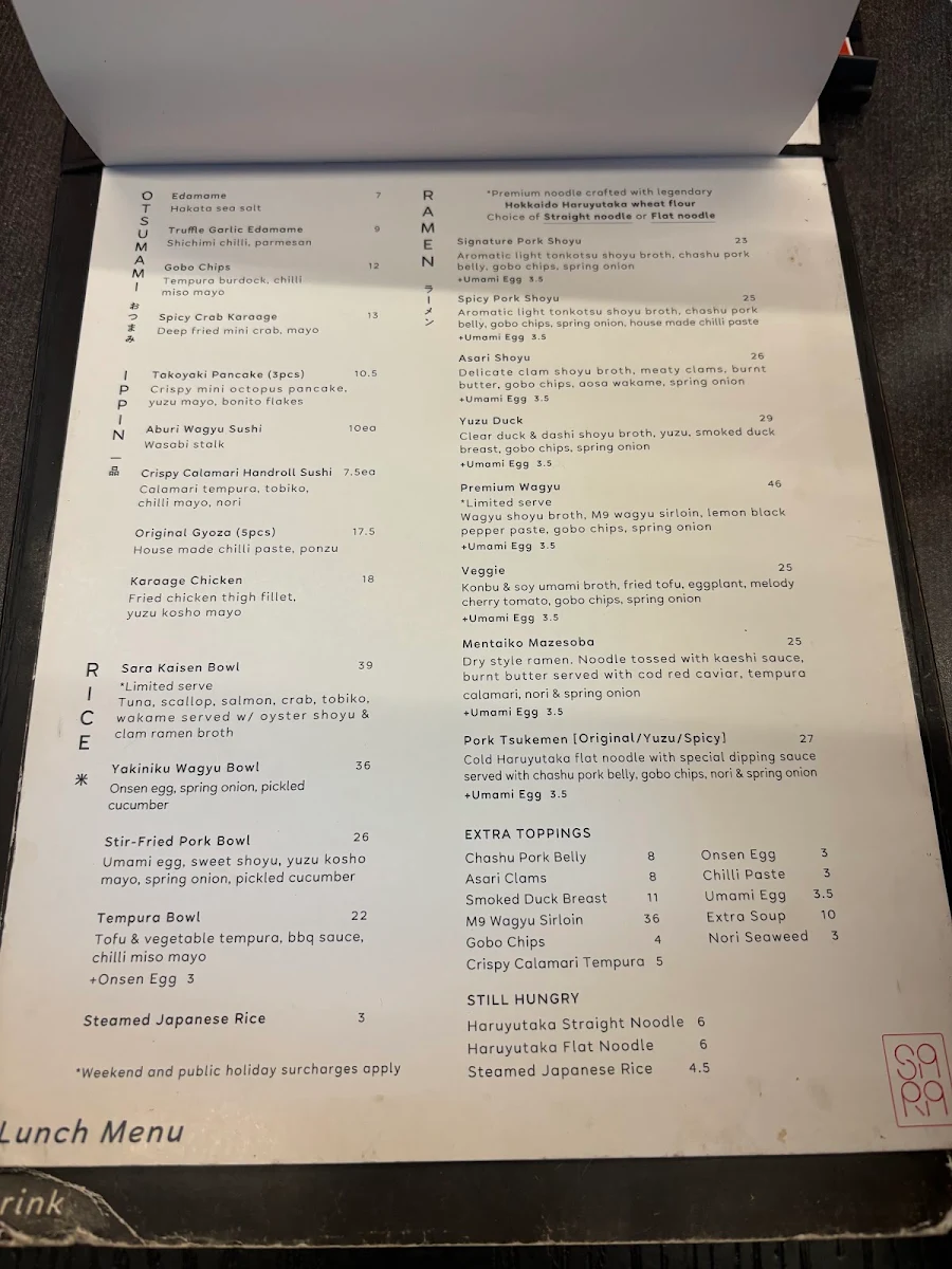 Menu, Sara Craft Ramen & Bar