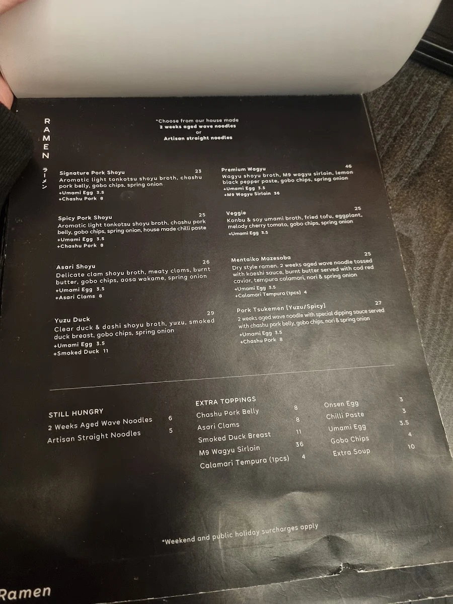 Menu, Sara Craft Ramen & Bar