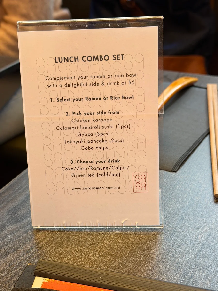 Menu, Sara Craft Ramen & Bar